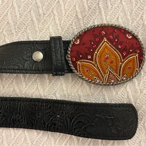 Artisan Black Leather Belt with Red and Gold Buckle